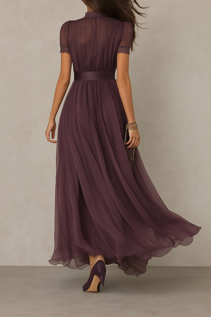 Elegant Lace Trim Keyhole Puff Sleeve Flowing Chiffon Maxi Dress