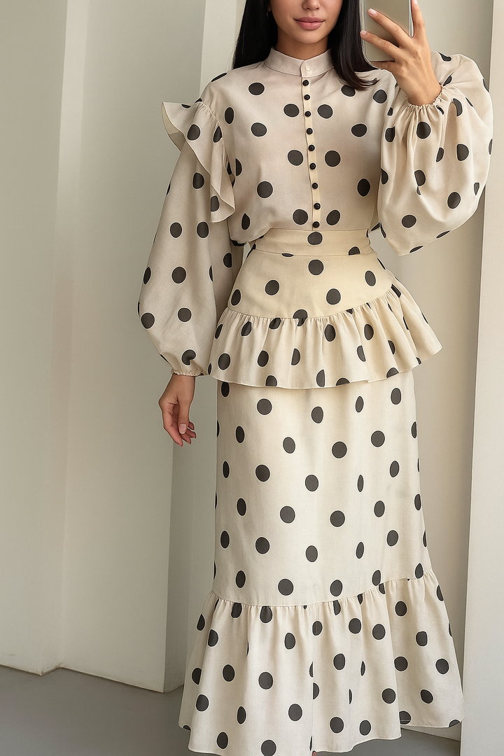 Stylish Polka Dot Print Stand Collar Long Sleeve Elegant Ruffle Maxi Dress