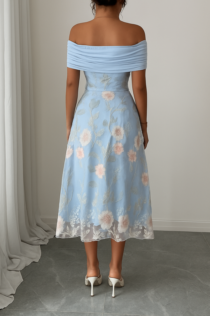 Elegant Ruched Off-Shoulder Floral Appliqué Midi Dress