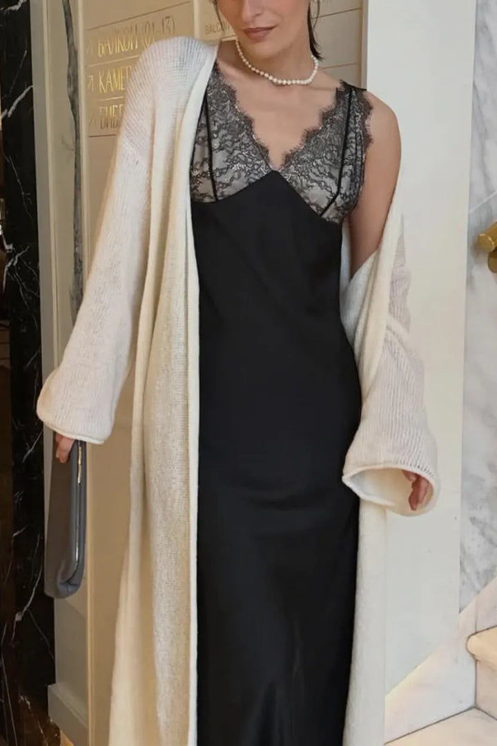 Fashionable Satin Lace Patchwork Spaghetti Strap Backless Elegant Slim-fit Maxi Dress