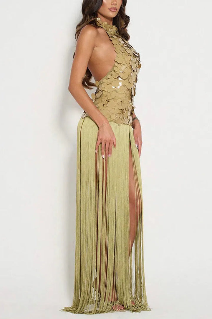 Eye-catching Metallic Disc Sequin Embellishments Overlay Fringe Hem Halter Neck Maxi Dress