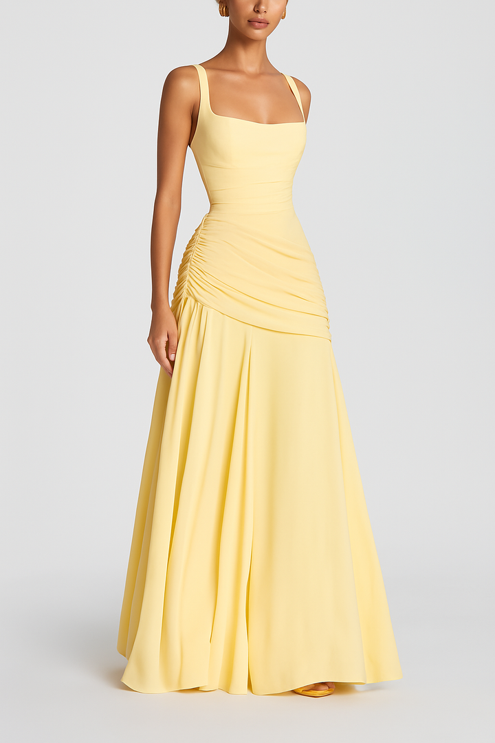 Stylish Spaghetti Strap Square Neck Slim-fit Elegant Pleated Maxi Dress