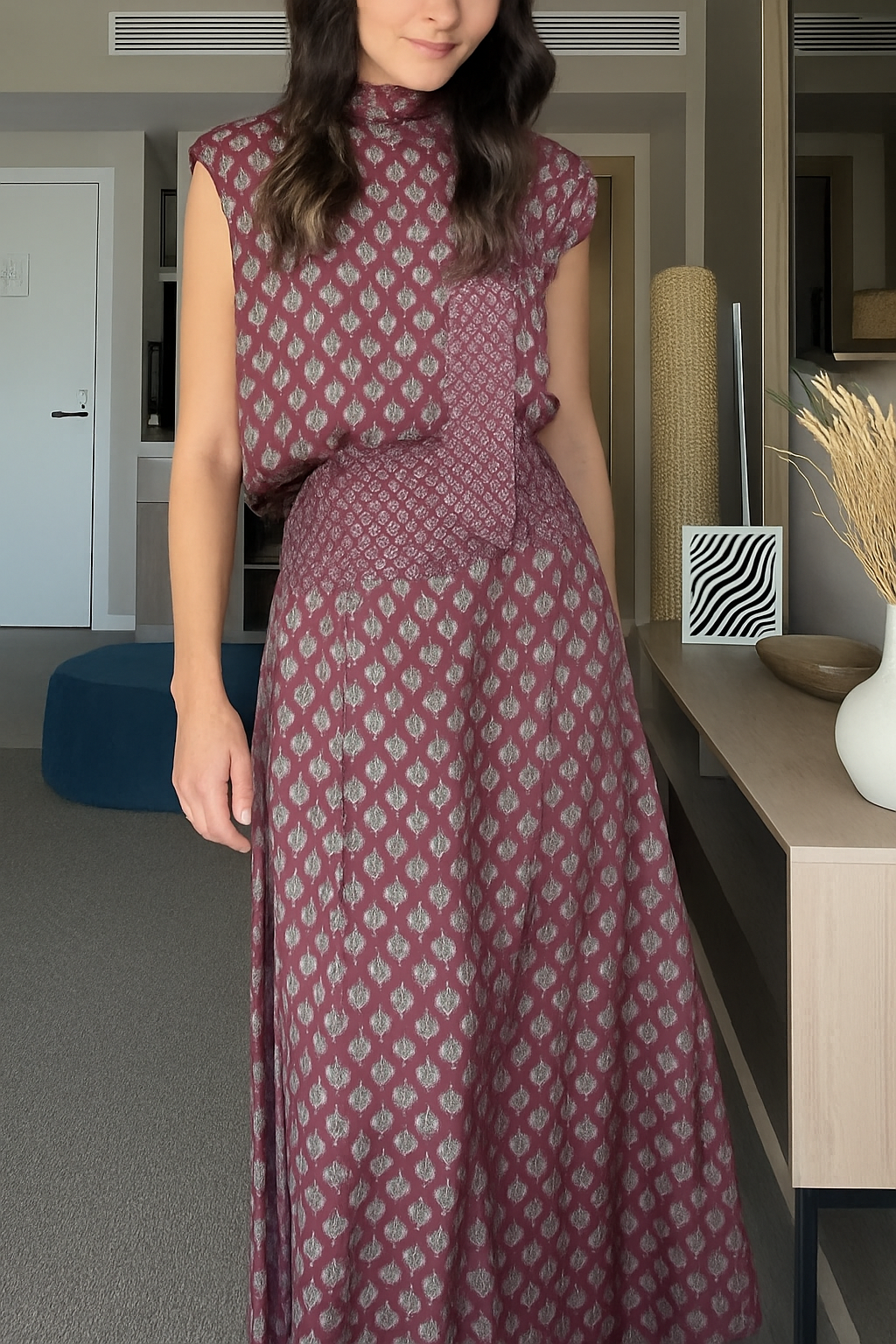 Dalena Satin Art Print High Tie-up Neck Short Sleeve Top and High Rise Maxi Skirt Set