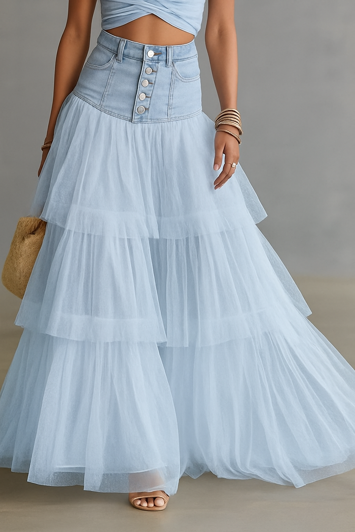 Y2K Fairycore Denim Corset Waist Tulle Maxi Skirt