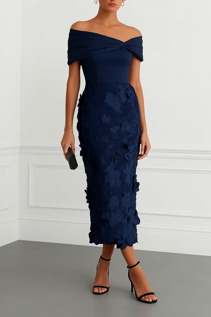 Classic 3D Floral Embroidery Off The Shoulder Short Sleeve Sheath Midi Dress
