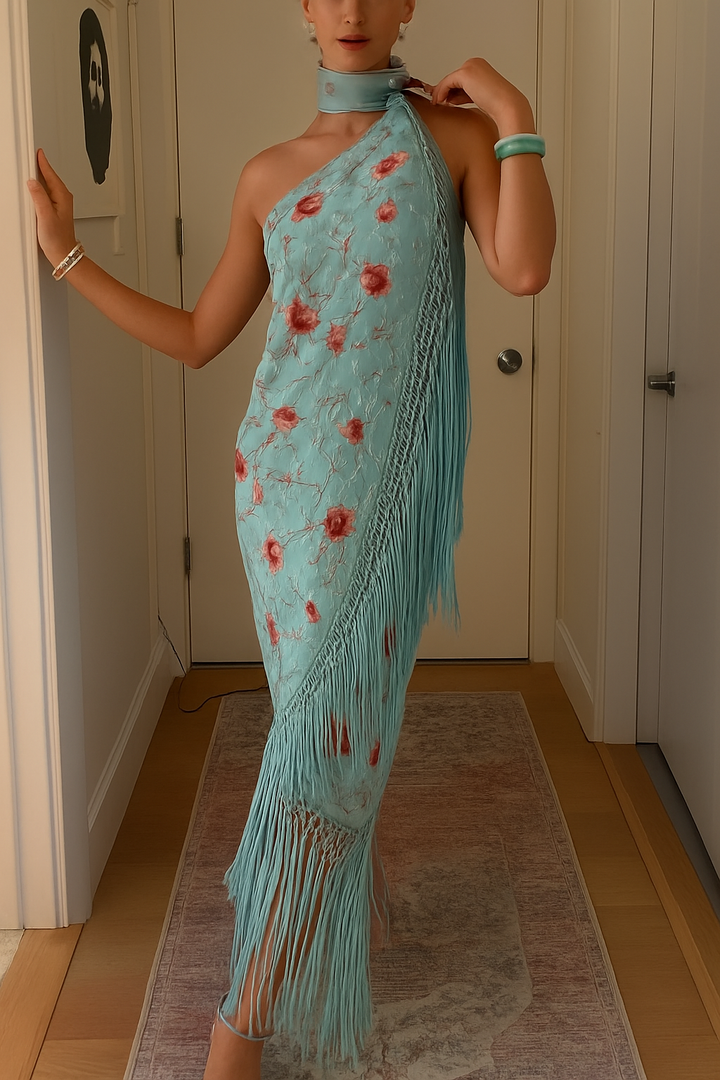 Floral Print Halter Neck Sleeveless Elegant Tassel Maxi Dress