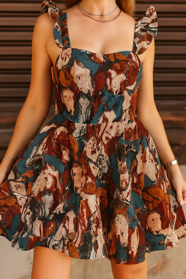 Fashionable Horse Print Square Neck Sleeveless Elegant Slim-fit Mini Dress