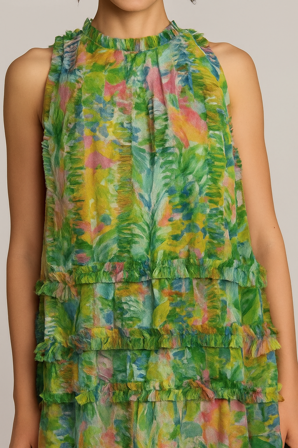 Lorei Mesh Floral Print High Neck Sleeveless Ruffle Trim A-line Mini Dress