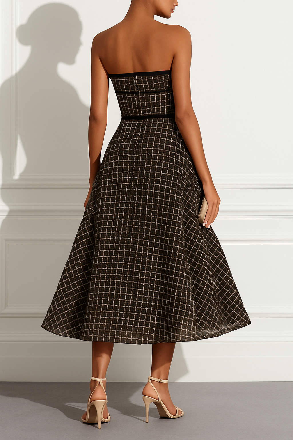 Stardust Plaid and Sequin Bow Patchwork Detail Strapless A-line Midi Dress