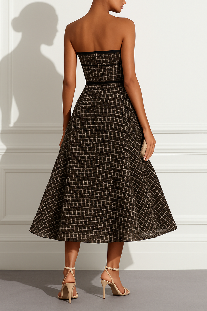 Stardust Plaid and Sequin Bow Patchwork Detail Strapless A-line Midi Dress