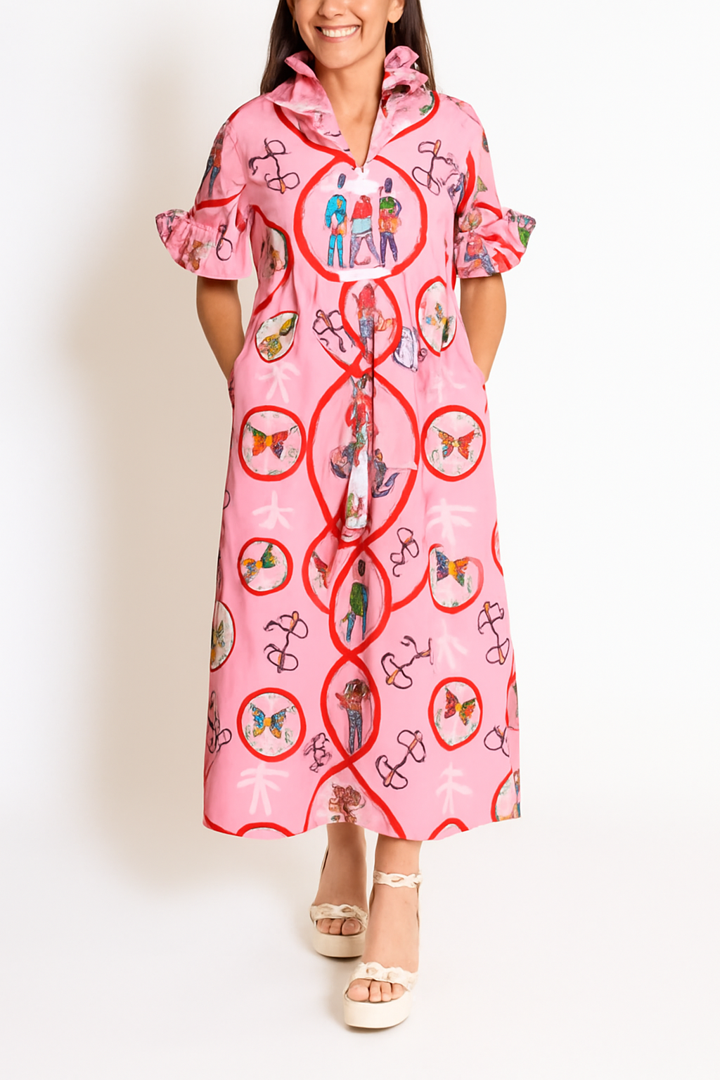 Churchill Social Playful Warhorse Print Stand Neck Ruffle Sleeve Belted Pocket Caftan Midi Dress