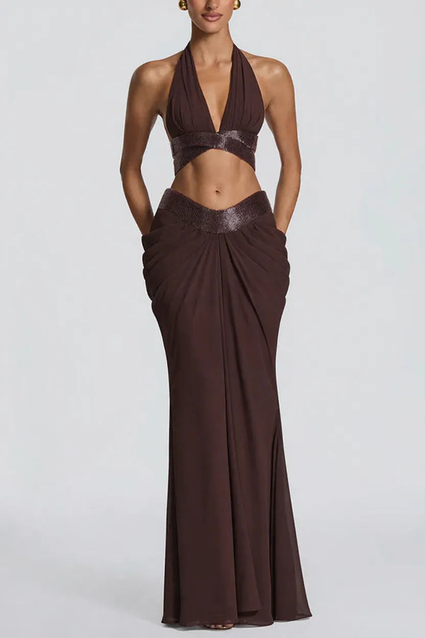 Sophie Chiffon Embellished Trim Crop Halter Tank and Dramatic Gathered Drape Maxi Skirt Set