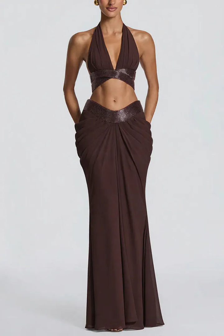 Sophie Chiffon Embellished Trim Crop Halter Tank and Dramatic Gathered Drape Maxi Skirt Set