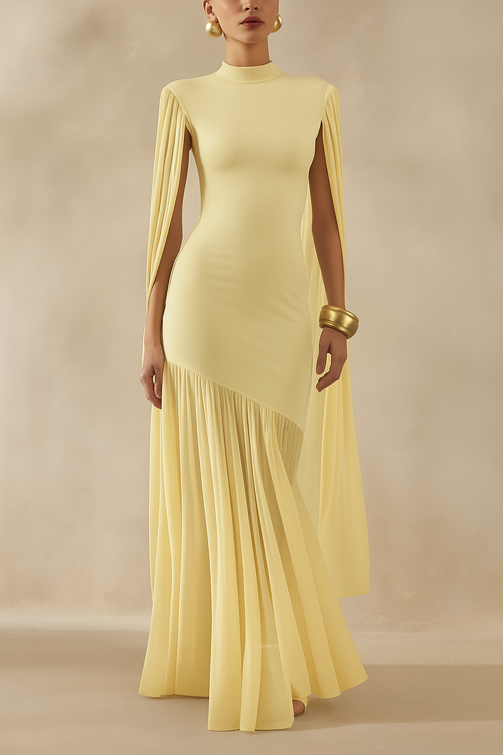 Elegant High-Neck Cape Detail Maxi Dress