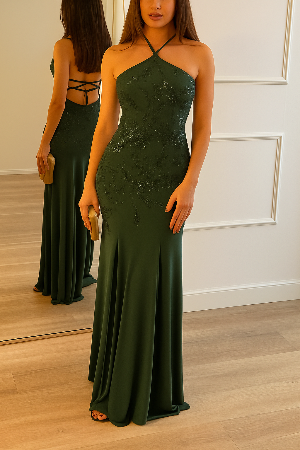 Fashionable Sequined Halter Neck Elegant Slim-fit Slit Maxi Dress