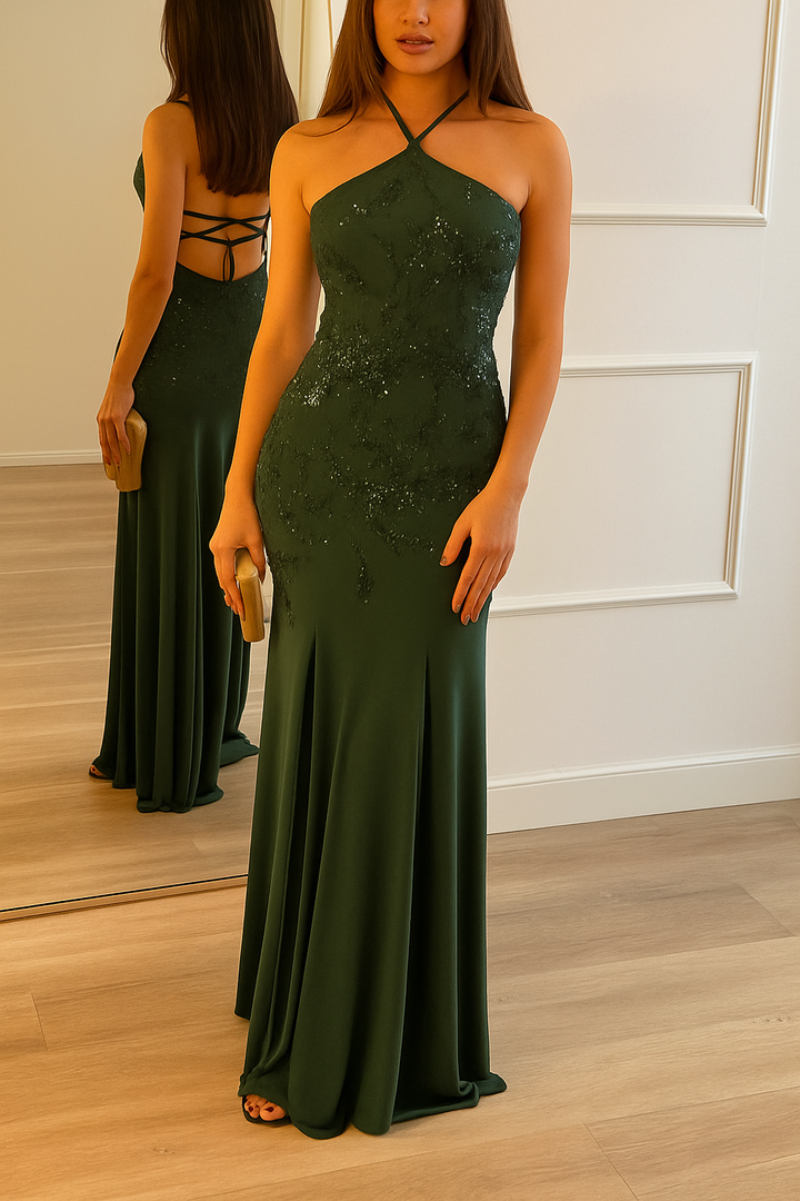 Fashionable Sequined Halter Neck Elegant Slim-fit Slit Maxi Dress
