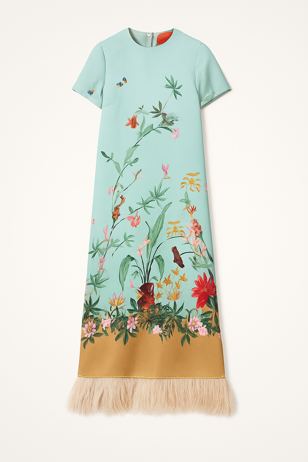 Mezcal Satin Floral Print Contrast Color Printed Short Sleeve Pocket Feather Trim Maxi Dress
