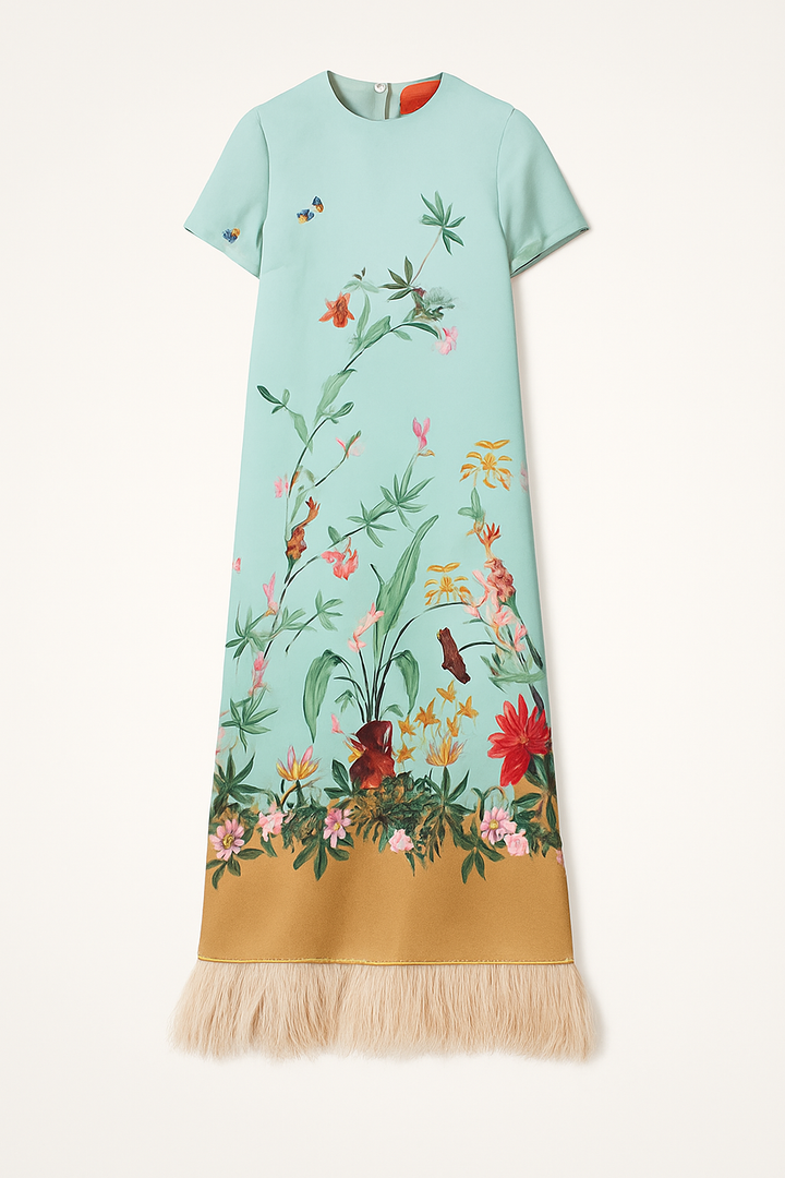 Mezcal Satin Floral Print Contrast Color Printed Short Sleeve Pocket Feather Trim Maxi Dress