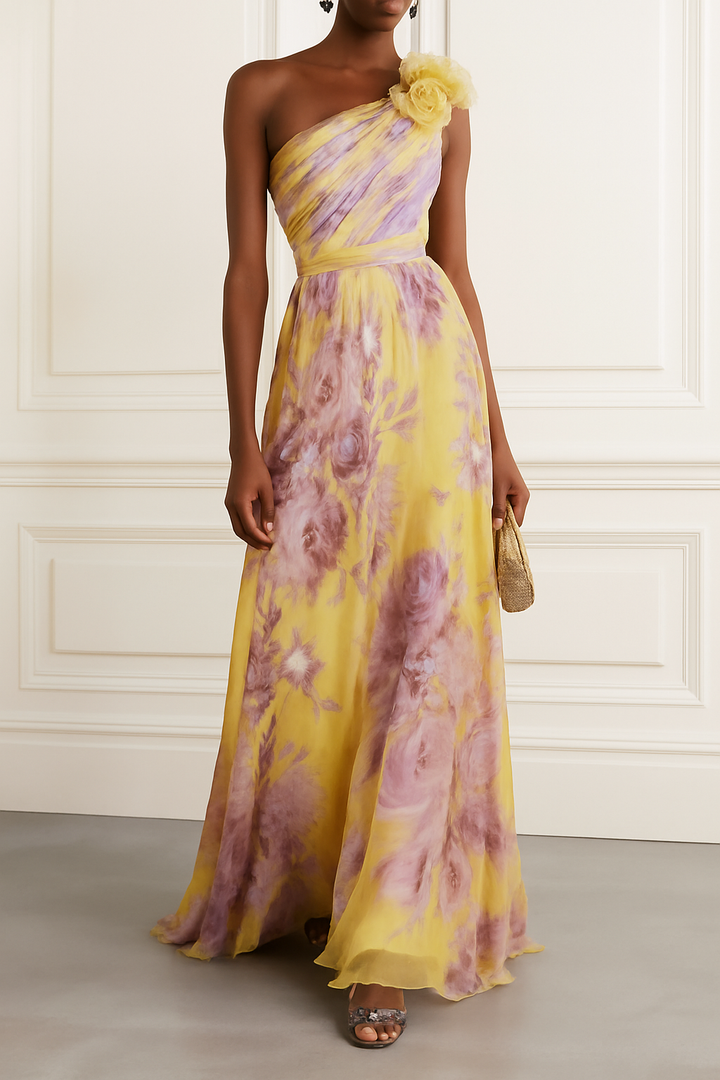 Verne Chiffon 3D Floral One Shoulder Pleated Sleeveless A-Line Gown Maxi Dress