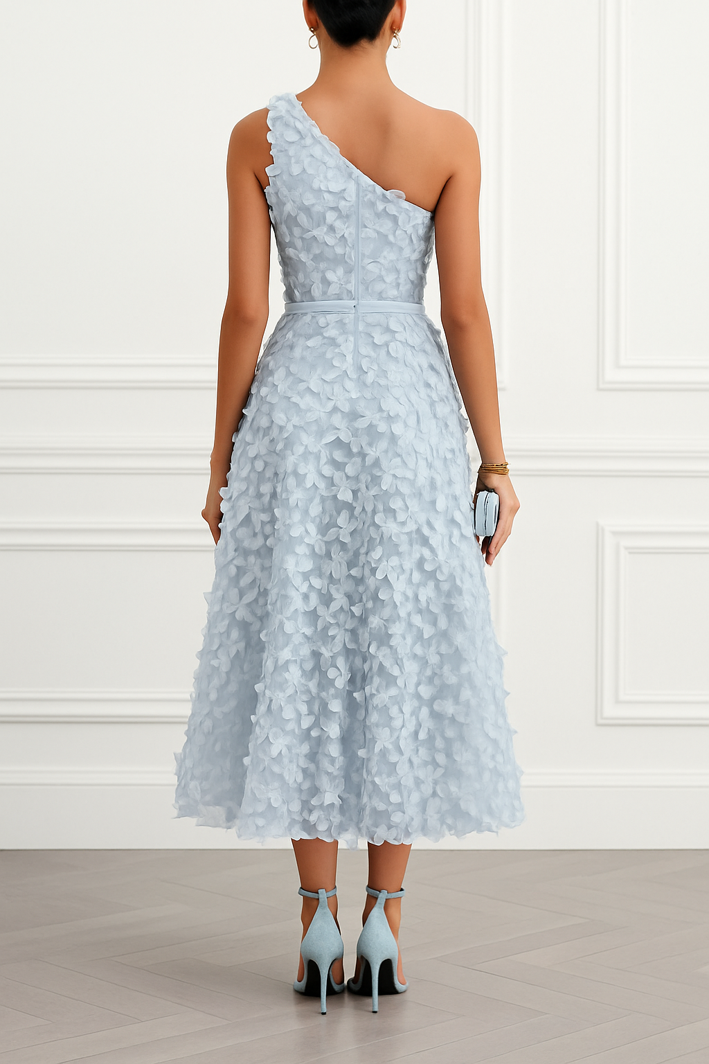 Lynelle Tulle 3D Floral Butterfly One Shoulder Sleeveless A-Line Midi Dress