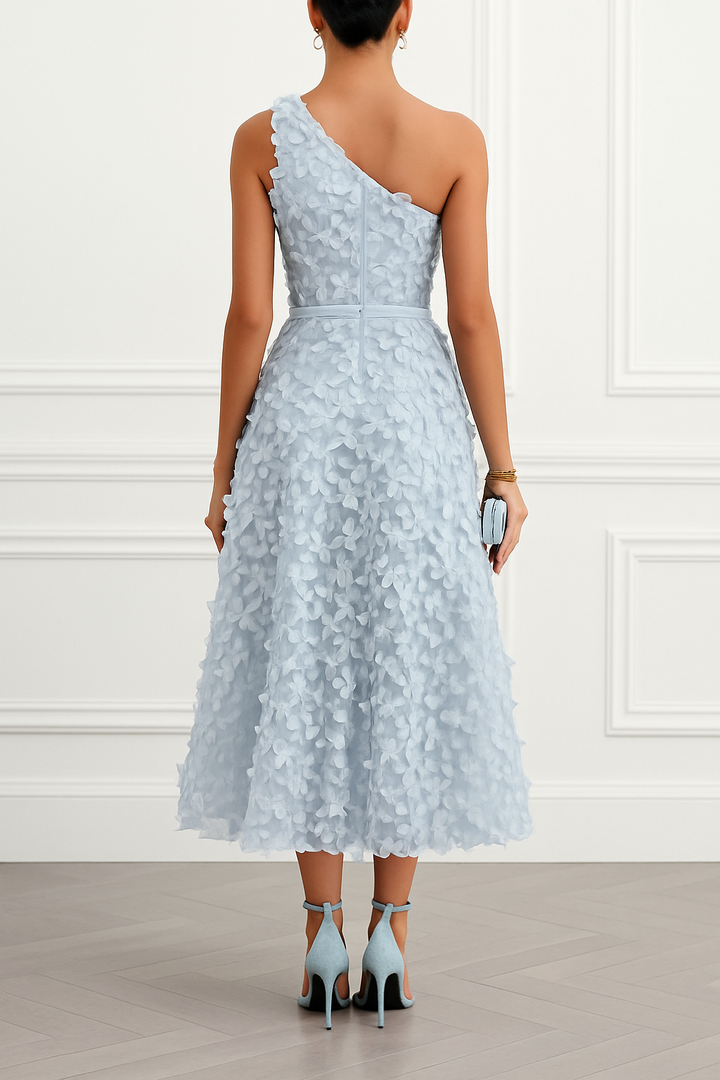 Lynelle Tulle 3D Floral Butterfly One Shoulder Sleeveless A-Line Midi Dress