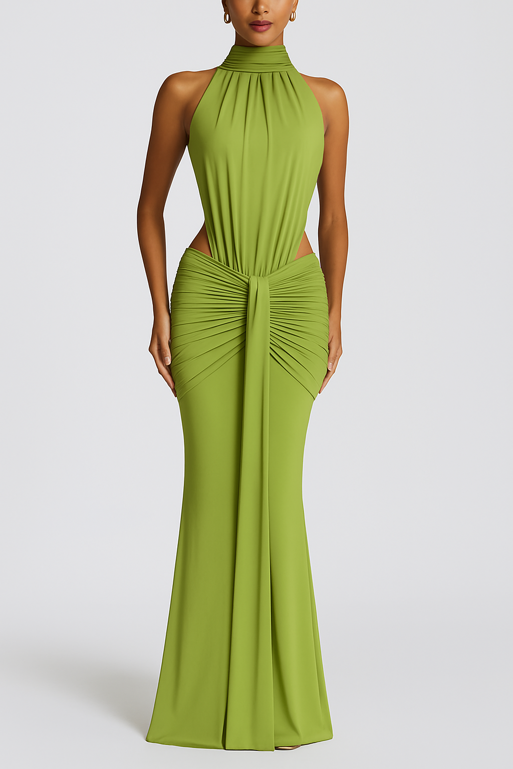 Thekla Stretch Slinky Jersey High Neck Ruched Backless Drape Maxi Dress