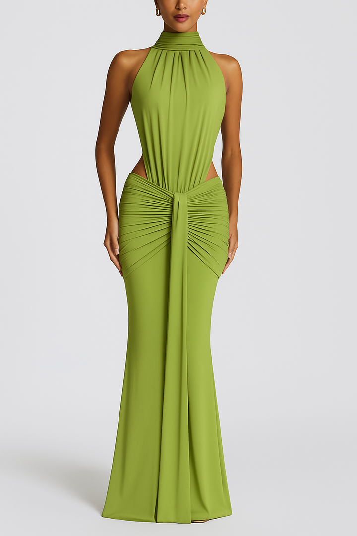 Thekla Stretch Slinky Jersey High Neck Ruched Backless Drape Maxi Dress