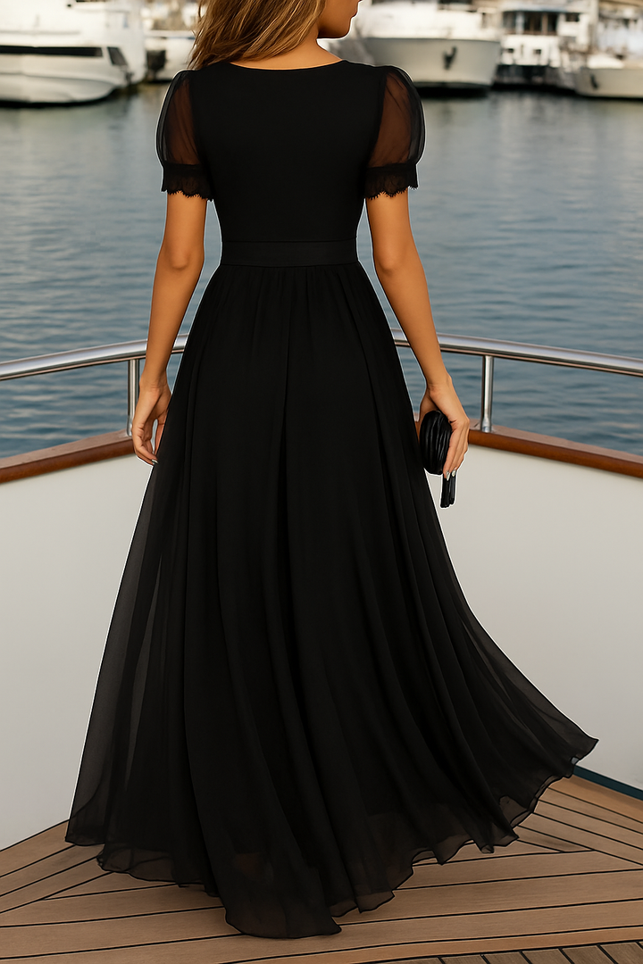 Lamberty Chiffon Lace Trim Cutout Neck Puff Sleeve Elastic Waist Maxi Dress