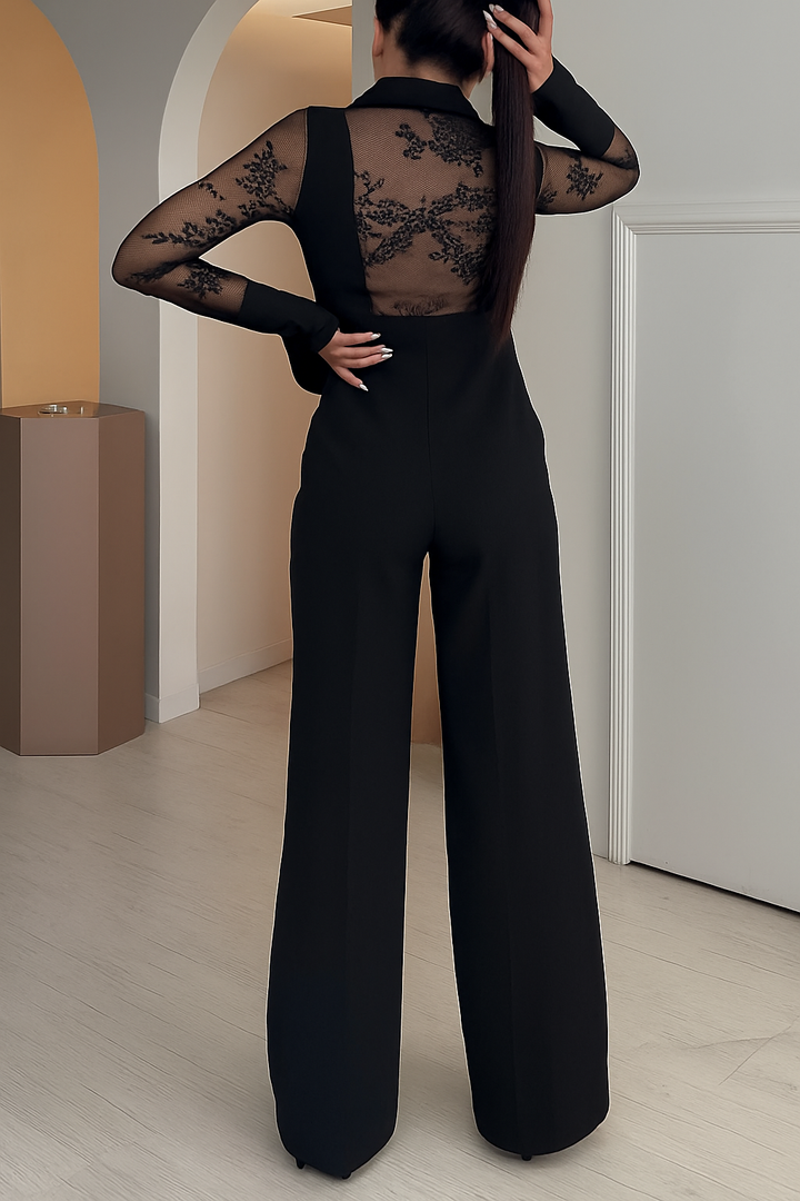Ninah Lace Patchwork Long Sleeve Lapel Blazer and Front Slit Lace Loose Pants Set