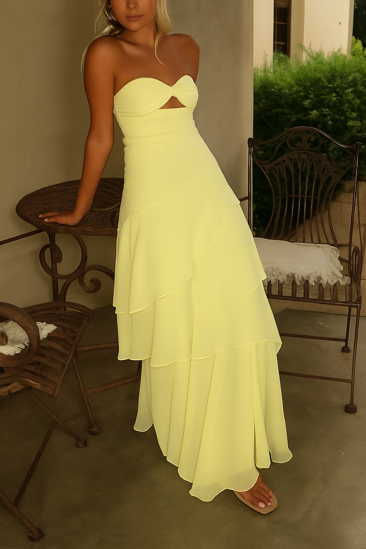 Gretta Heart-shaped Cutout Neckline Layered Ruffles Strapless Maxi Dress