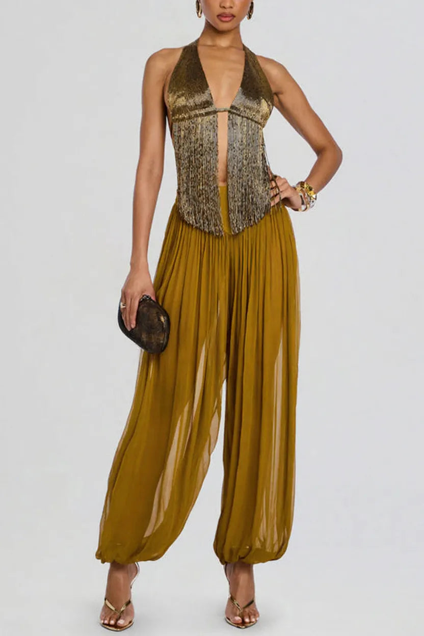 Sereya Triangle Cup Tube-bead Fringe Halter Backless Top
