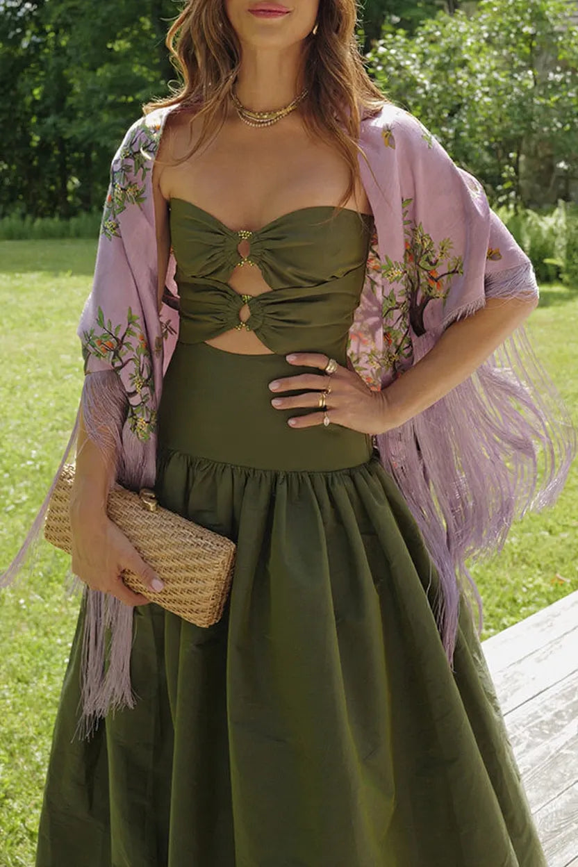 Elinna Silk Taffeta Crystal Rings Cut-out Detail Strapless Maxi Dress