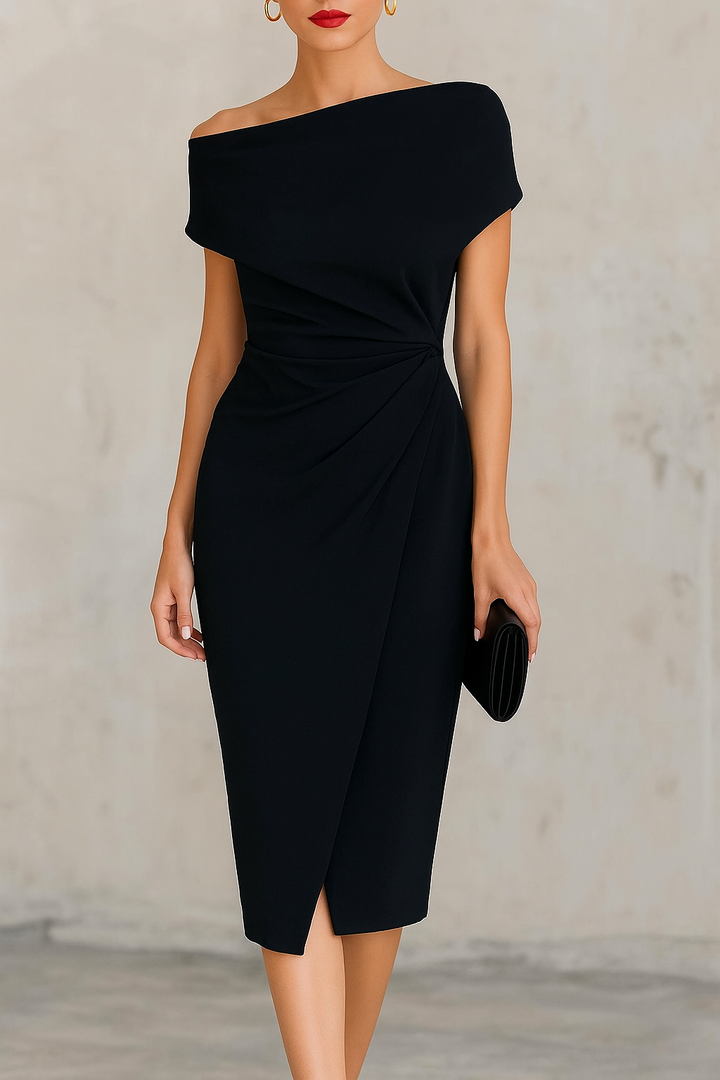 Solid Color Short-sleeved Fitted Waist Pleated Elegant Midi Dress