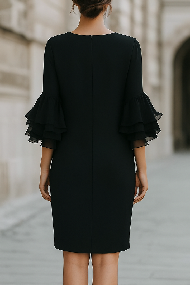 Solid Color Round Neck Ruffle Sleeve Elegant Mini Dress