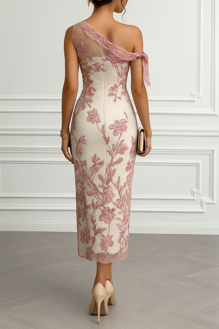 Kylen Floral Embroidery Bow Lace One Shoulder Sleeveless Sheath Maxi Dress