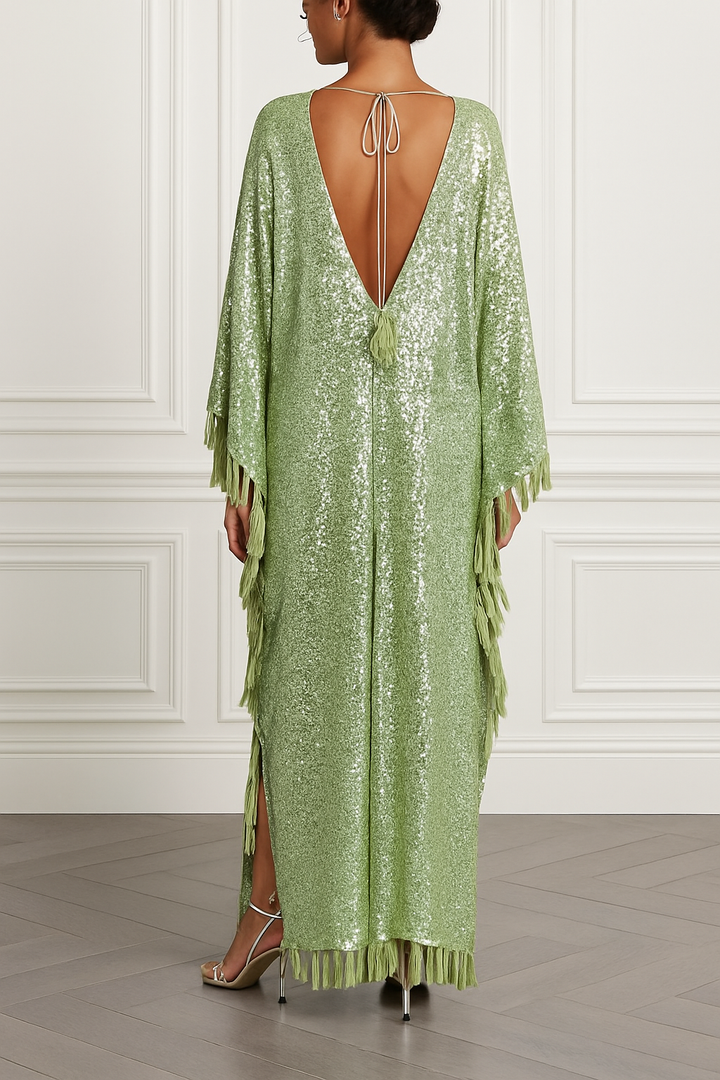 Gianna Sequin Deep V-neck Batwing Sleeve Fringed Trim Slit Gown Maxi Dress
