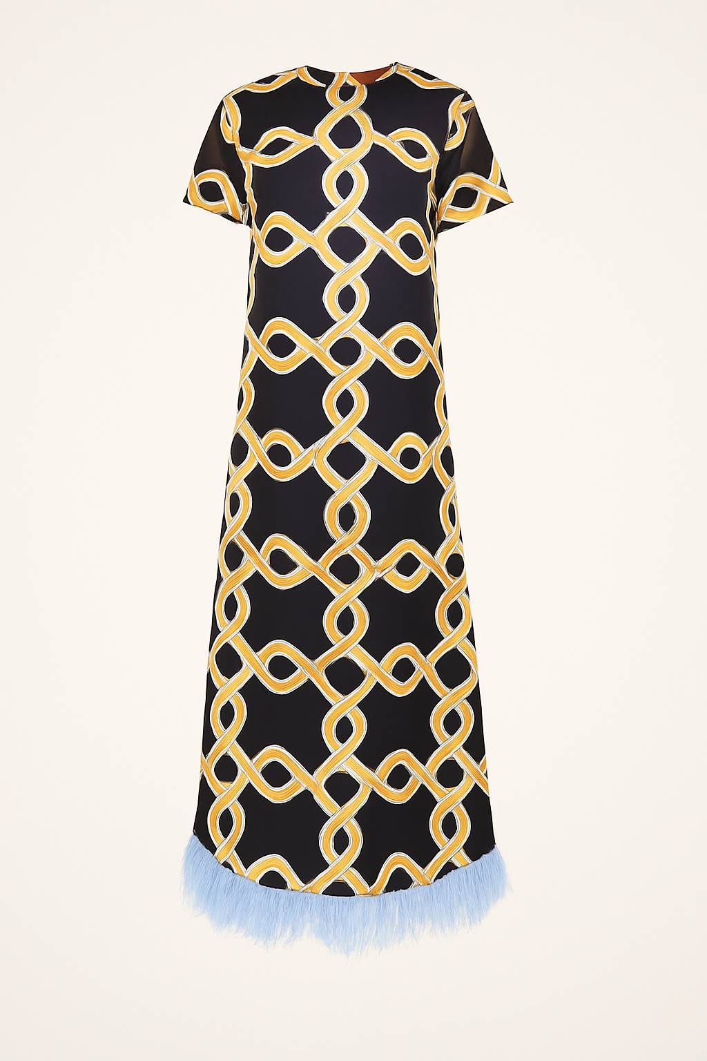 Annalisa Satin Court Style Contrast Color Printed Short Sleeve Pocket Feather Trim Maxi Dress