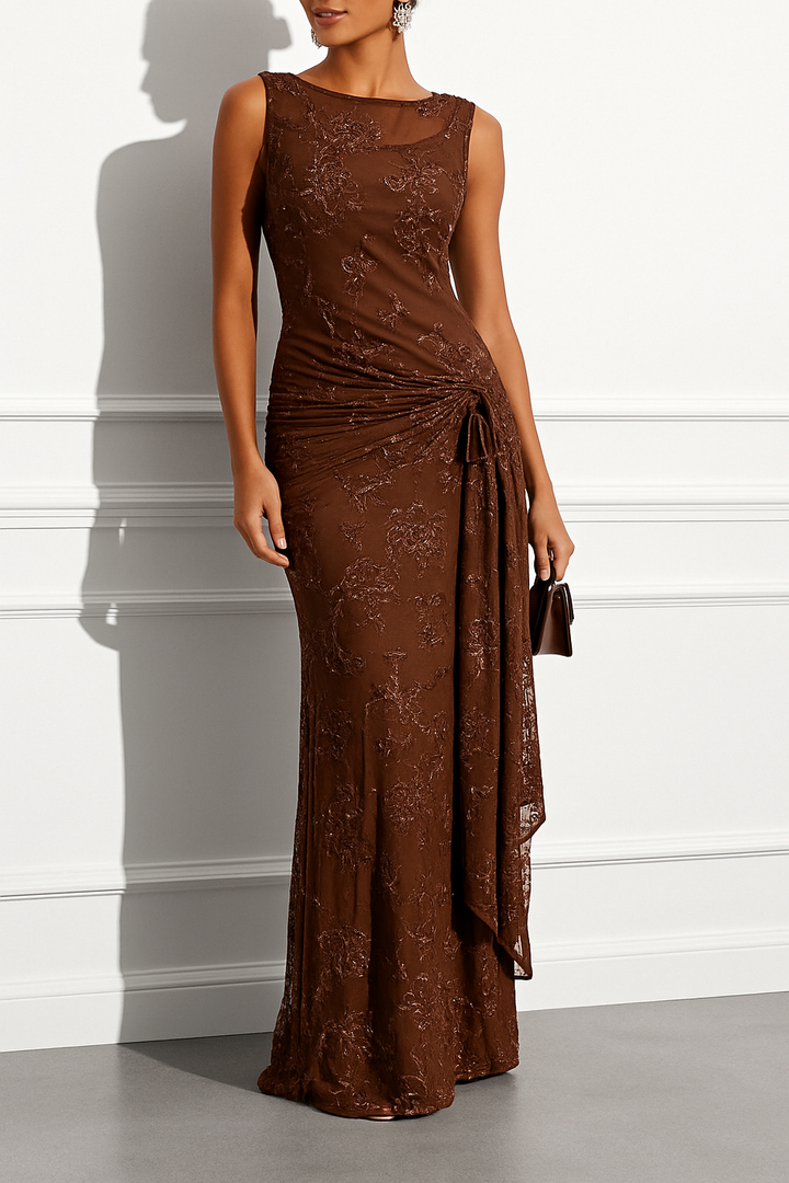 Solana Sequin Jacquard Boat Neck Sleeveless Tie-up Hem Sheath Floor-length Gown Dress
