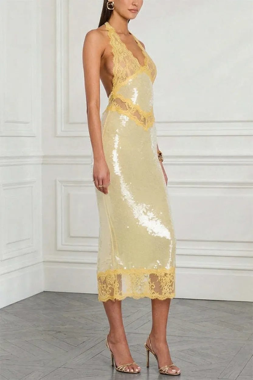 Vicky Sequin Floral Sheer Lace Trim Halter Pencil Midi Dress
