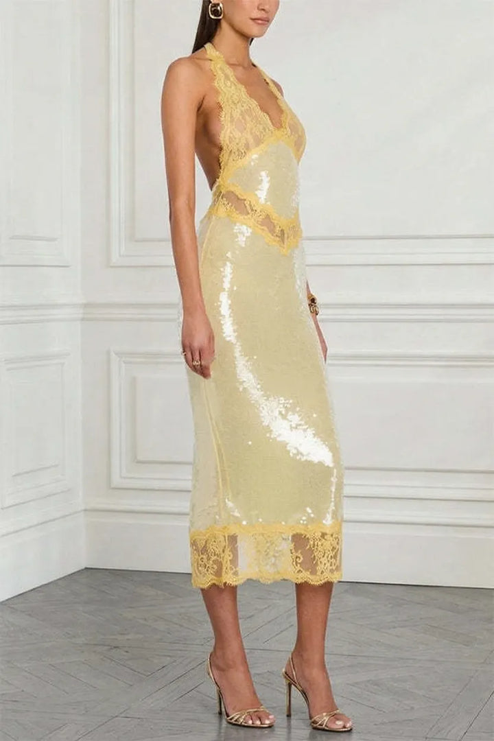 Vicky Sequin Floral Sheer Lace Trim Halter Pencil Midi Dress