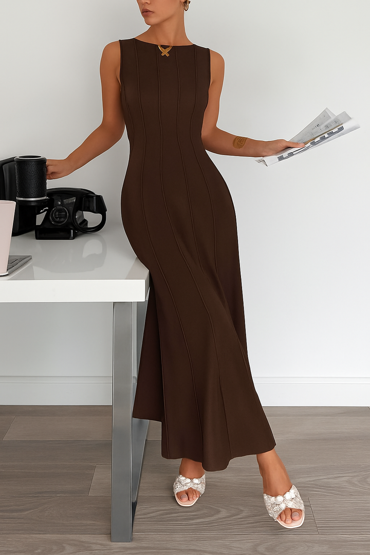 Solid Color Round Neck Sleeveless Elegant Pleated Casual Maxi Dress