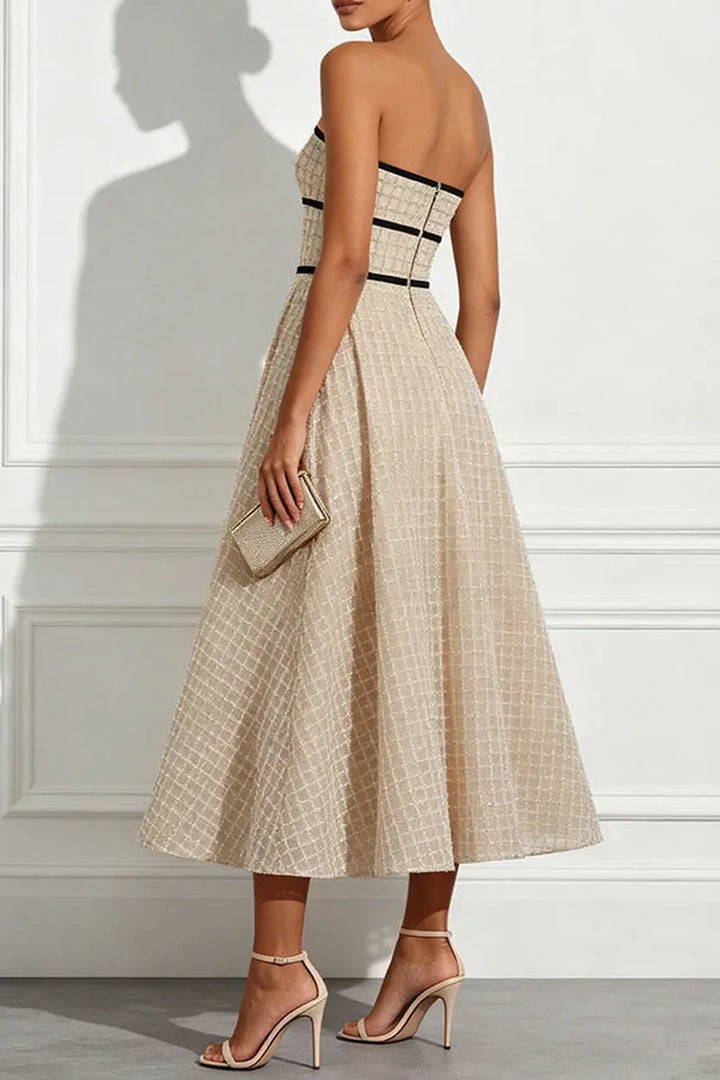 Stardust Plaid and Sequin Bow Patchwork Detail Strapless A-line Midi Dress