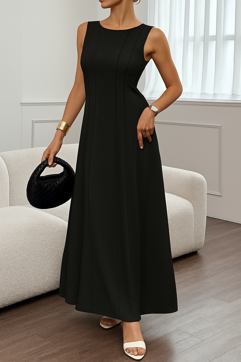 Solid Color Round Neck Sleeveless Elegant Pleated Casual Maxi Dress