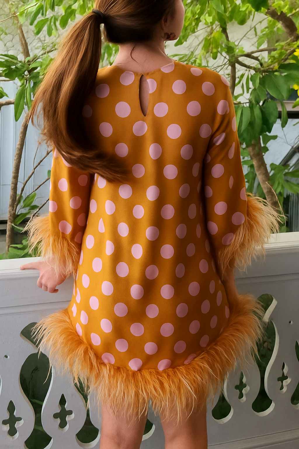 Playful and Cute Satin Polka Dot Print Half Sleeve Feather Trim H-line Mini Dress