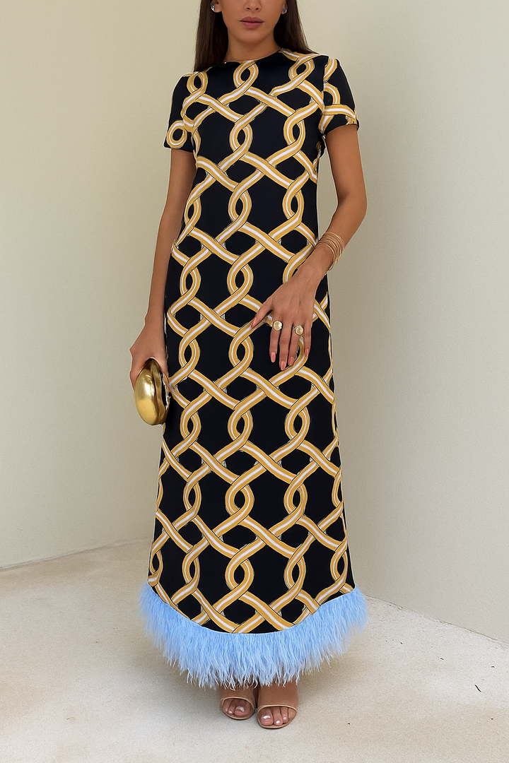 Annalisa Satin Court Style Contrast Color Printed Short Sleeve Pocket Feather Trim Maxi Dress