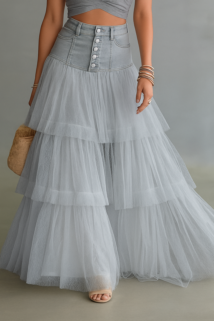 Y2K Fairycore Denim Corset Waist Tulle Maxi Skirt