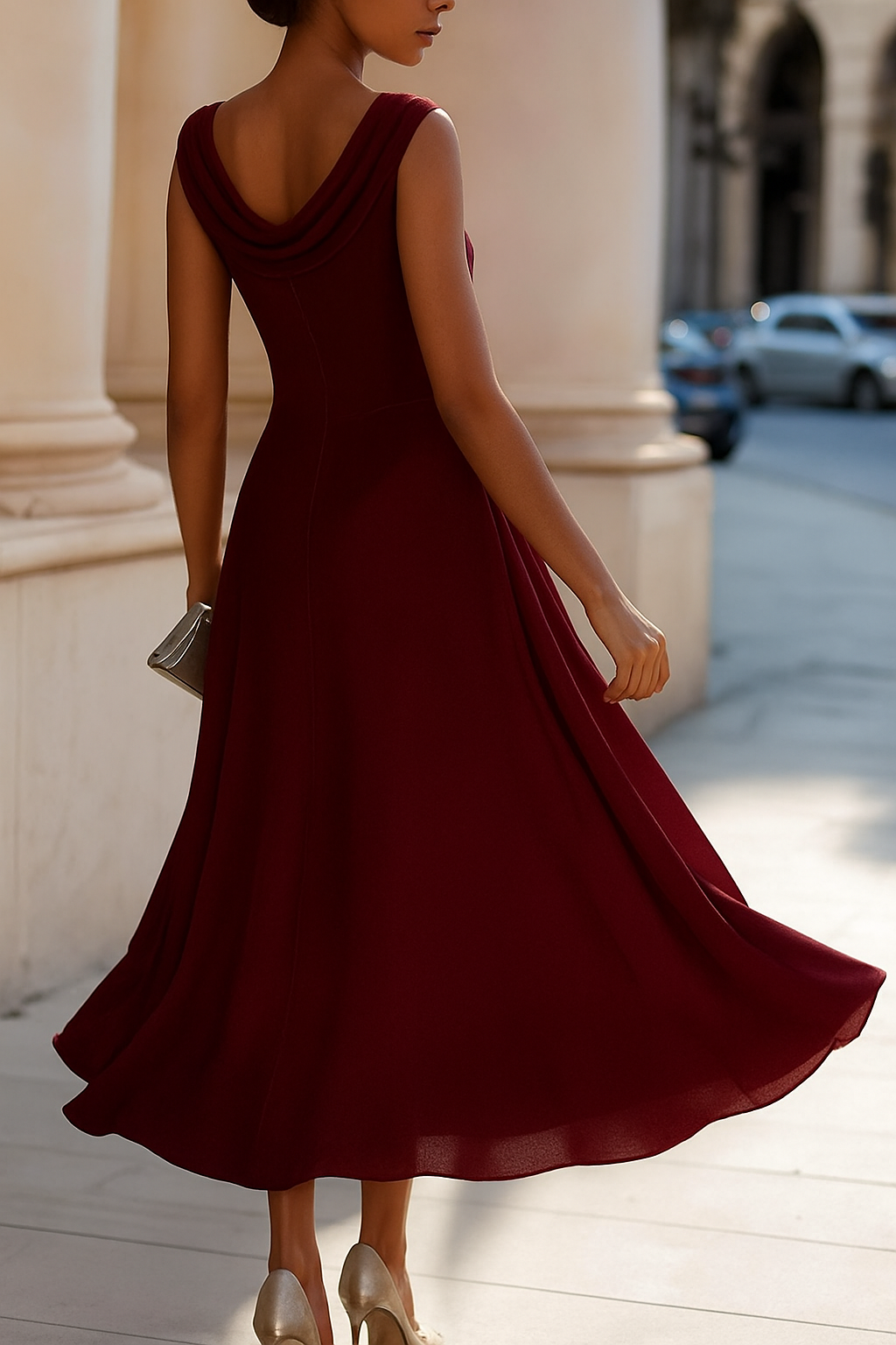 Solid Color Swing Collar Sleeveless Elegant Fitted Waist Full Hem Midi Dress