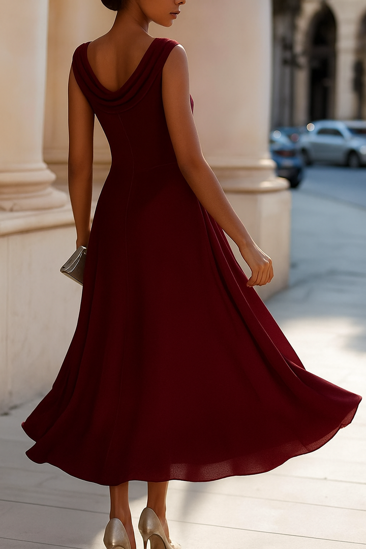 Solid Color Swing Collar Sleeveless Elegant Fitted Waist Full Hem Midi Dress