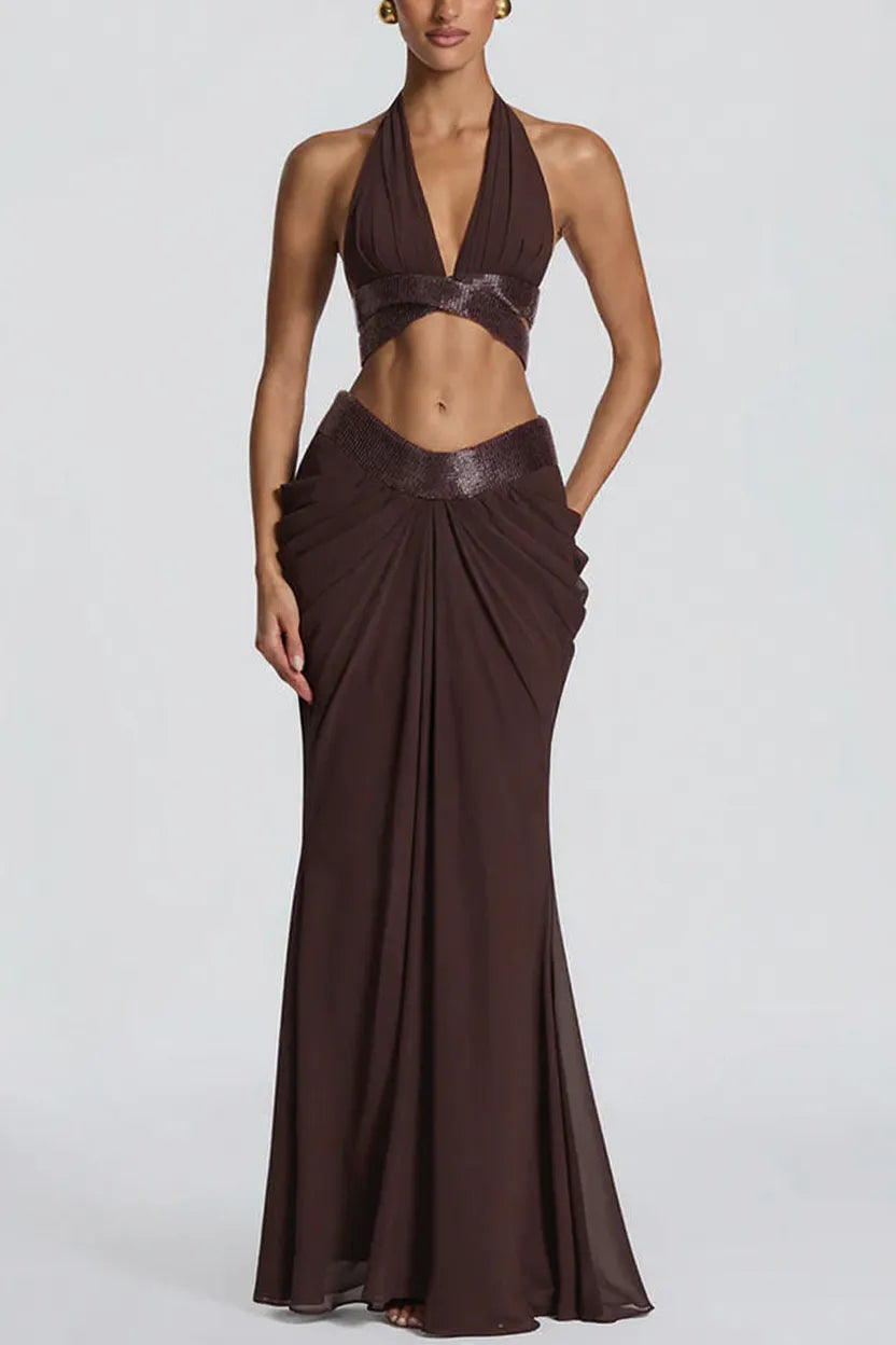 Sophie Chiffon Embellished Trim Crop Halter Tank and Dramatic Gathered Drape Maxi Skirt Set