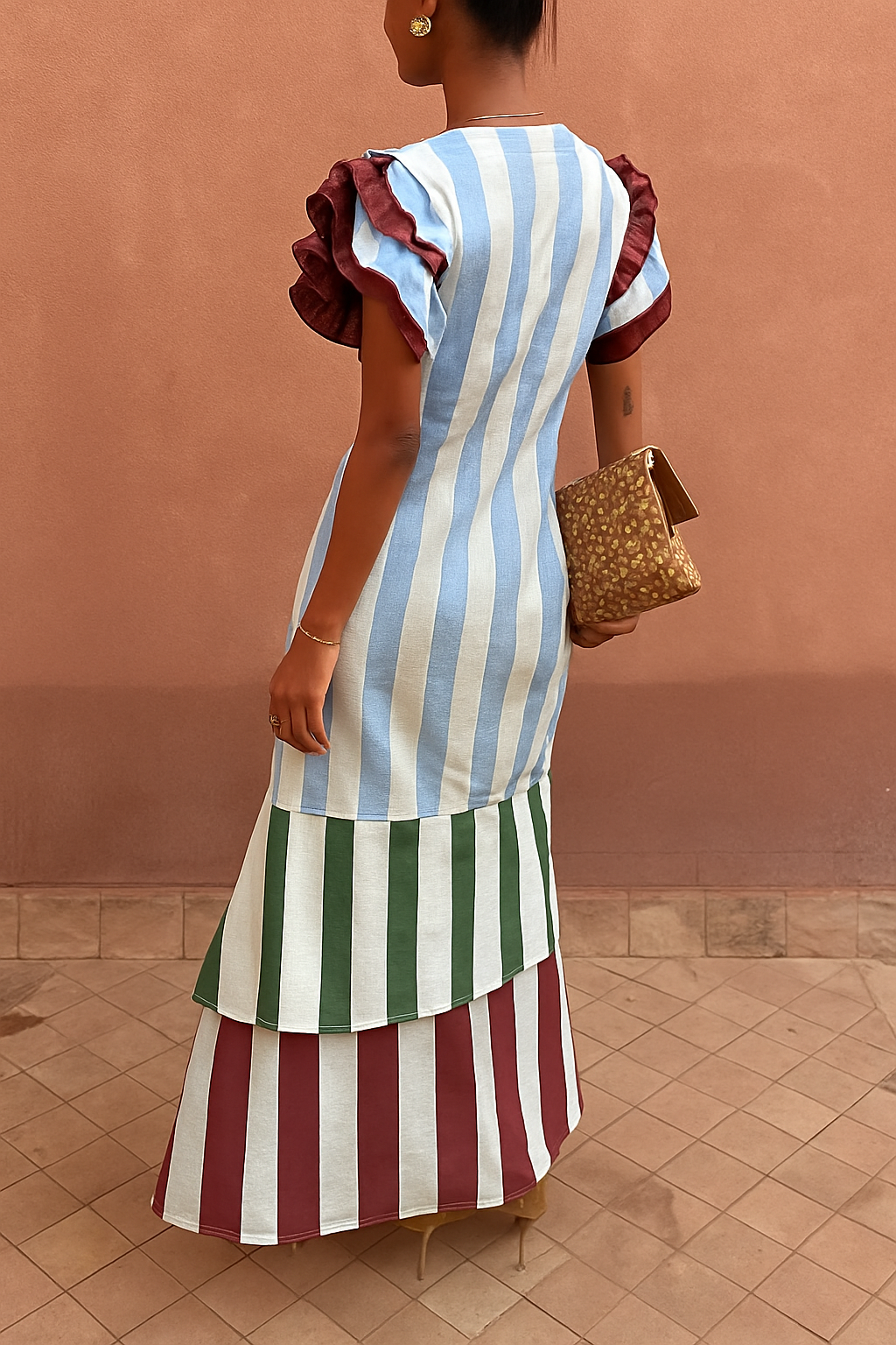 Alena Linen Blend Colorblock Striped Tiered Bell Ruffle Sleeve Maxi Dress